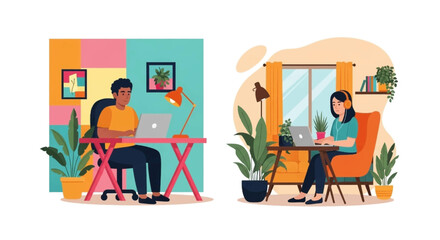 People working comfortably from home on laptops, illustrating remote work, telecommuting, and flexible modern lifestyles. Ideal for business and education concepts.