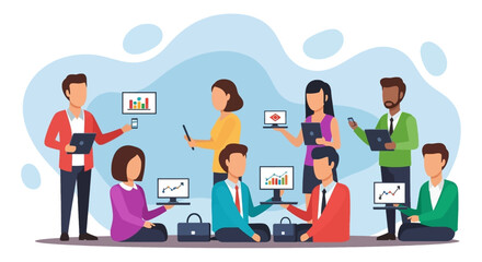 Diverse business team collaborating with technology, analyzing data charts for growth. Ideal for digital communication, strategy, and teamwork concepts.