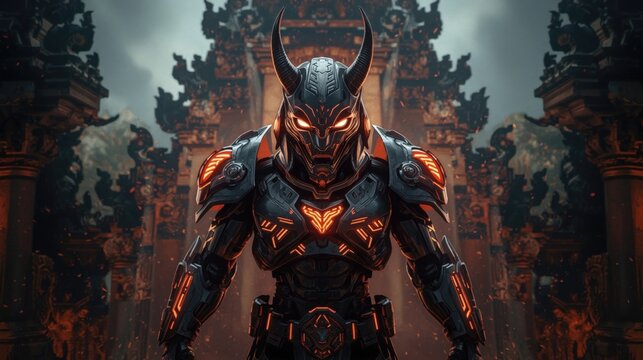 Barong, Balinese mythology, Bali, Indonesia, folklore, legend, guardian, spirit, mythical creature, monster, Rangda, good vs evil, cyberpunk, futuristic, modern, digital, warrior, armor, glowing eyes,