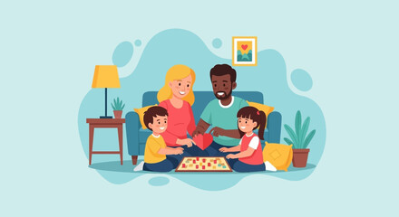 Happy family playing board game at home, fostering togetherness and quality time. Ideal for lifestyle, education, and family concepts.