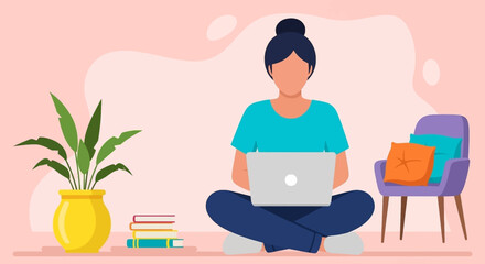 Woman works remotely on laptop, cross-legged at home. Ideal for modern remote work, online education, or comfortable lifestyle concepts.