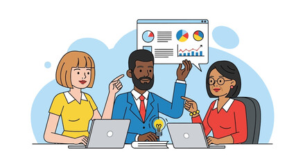 Diverse business team collaborates on data analysis and new ideas. Professionals sharing insights, strategizing, and innovating in a modern office setting. Teamwork concept.