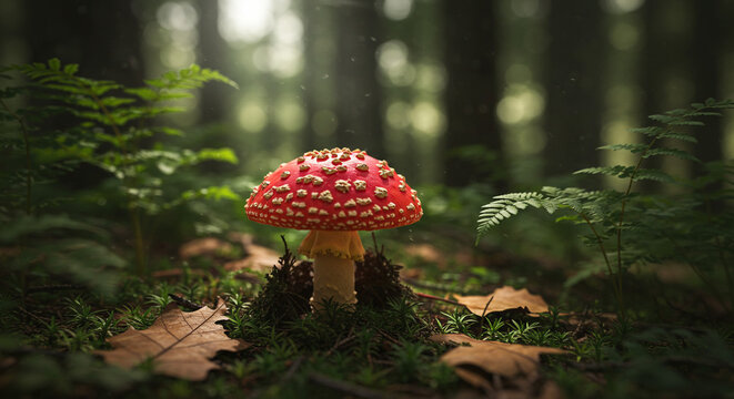 Enchanting fly agaric mushroom glows in mystical forest sunlight, symbolizing nature's magic.
