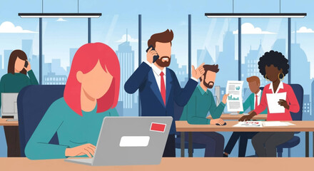 Diverse business team collaborating in a modern office with a city view, engaged in various tasks like laptop work, phone calls, and document review.