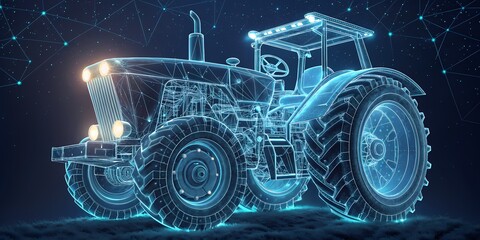 Modern Smart Farming Tractor Hologram with Virtual Neon Wireframe Effects