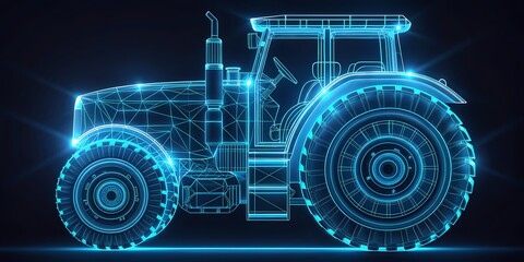 High Tech Agricultural Tractor Wireframe with Futuristic Digital Blueprint