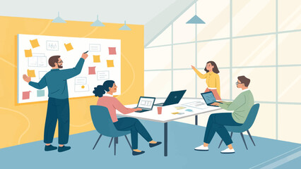 Diverse business team collaborating in a modern office, discussing strategy and ideas during a productive meeting.