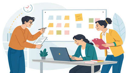 Professional diverse team collaborating in a modern office, discussing project plans on a whiteboard. Captures teamwork, productivity, and strategic business development.
