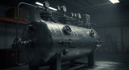 Obraz premium Industrial pressure vessel with gauges and valves in a dimly lit workshop setting