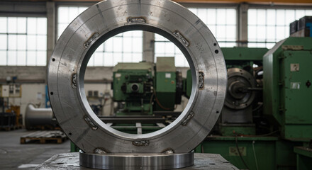 Large metal industrial ring in a factory workshop, strong and durable construction concept.