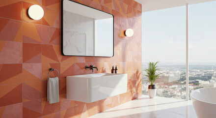 Modern bathroom design with geometric tiles, elegant decor, and city view for luxury living