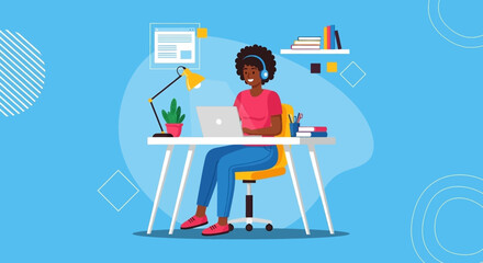 A cheerful Black woman works from home on her laptop, wearing headphones. Ideal for remote work, online education, or modern digital lifestyle concepts.