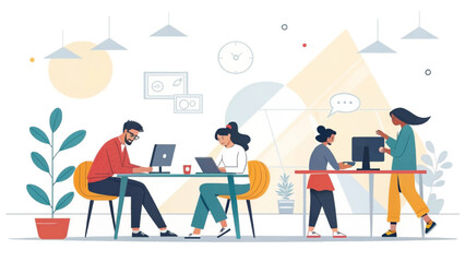 Diverse team collaborating in a modern co-working office. Illustrates productivity, teamwork, and a contemporary business environment for tech and lifestyle concepts.