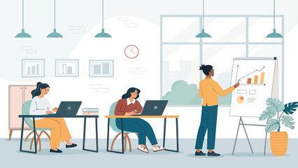 Diverse team collaborating in a modern office, analyzing data and working on laptops, symbolizing business growth and productivity.