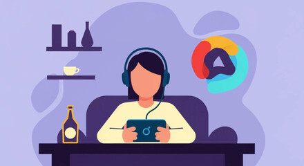 Relaxed person wearing headphones, engrossed in tablet entertainment at home. Ideal for digital leisure, modern lifestyle, gaming, or streaming concepts.