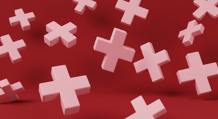 Obraz premium Pink plus signs floating on a vibrant red background, perfect for healthcare and design projects