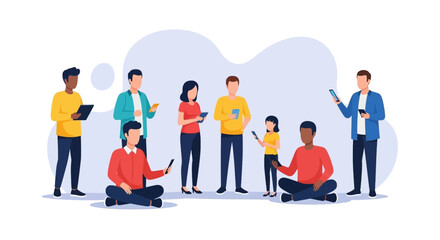 Diverse group of people, including a child, engaged with smartphones and tablets, representing digital communication, online learning, and modern lifestyle.