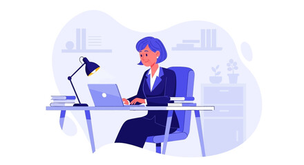 Professional woman in a suit working diligently on her laptop at an office desk. Ideal for concepts of productivity, remote work, education, and business.