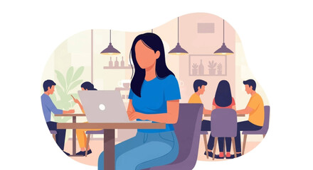 Woman using laptop in a cafe, symbolizing remote work, modern business, and flexible lifestyle. Ideal for technology, connectivity, and productivity themes.