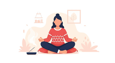 Peaceful woman meditating in a serene home setting, promoting mindfulness, wellness, and stress relief. Perfect for health and lifestyle designs.
