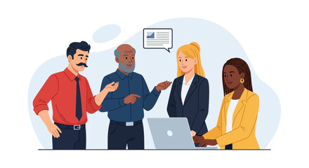 Diverse business team collaborates around a laptop, discussing data and strategy in a modern office. Ideal for corporate, teamwork, and innovation themes.