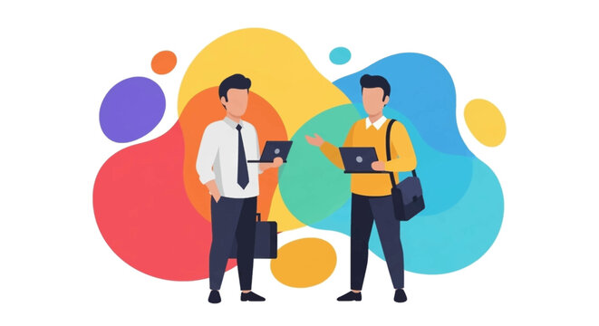 Two professionals with laptops engage in discussion against a vibrant abstract background, representing collaboration, technology, and modern business.