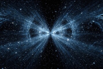 A stunning visualization of a cosmic event featuring a bright explosion of light and energetic particles in deep space, surrounded by a vast, star-filled universe with nebulae and distant galaxies