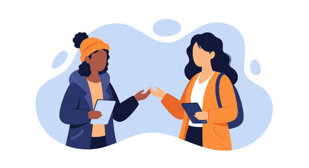 Two diverse women exchanging information and collaborating digitally, using tablets for modern communication or learning.