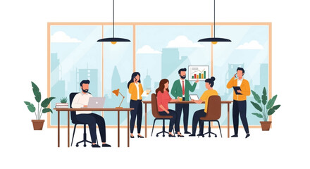Diverse business team collaborating in a modern office. Ideal for concepts of teamwork, productivity, corporate strategy, and professional development.