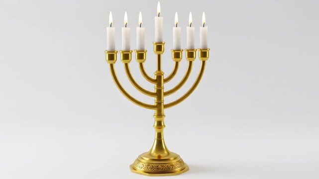 Menorah with candles, realistic rendering, white background, Jewish religious symbol.