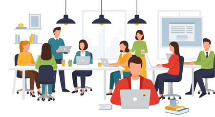 Naklejka premium Diverse business professionals collaborating in a modern open-plan office. Ideal for concepts of teamwork, innovation, startup culture, and corporate productivity.