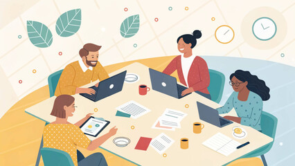 Diverse business team collaborating on laptops and tablet in a bright, modern office. Represents teamwork, innovation, and digital productivity.