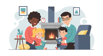 Happy diverse family reading books together by the cozy fireplace at home, representing quality time, education, and family bonding.