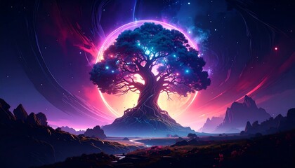 A colossal, luminous tree stands sentinel amidst a vibrant, otherworldly landscape, bathed in celestial light and cosmic energy.