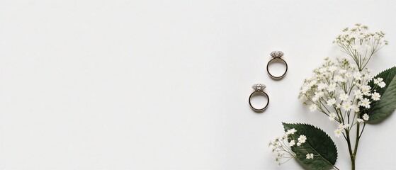 wedding rings with delicate white flowers on a pristine white background | wedding celebration, anniversary party, bachelor/bride shower, matrimony fest, engagement gathering theme