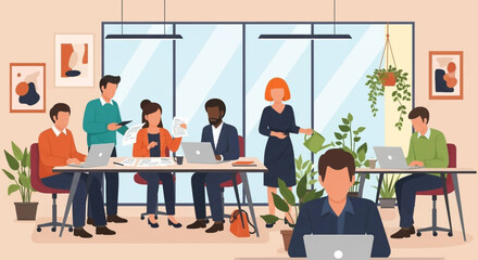 Diverse business team collaborating and working productively in a modern, sustainable office environment. Ideal for corporate, HR, and teamwork concepts.