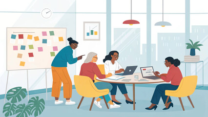 Diverse team of professional women collaborate in a modern office, brainstorming ideas and developing strategies for business growth and innovation.