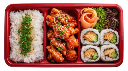 Asian takeout bento box with rice, chicken, and sushi rolls