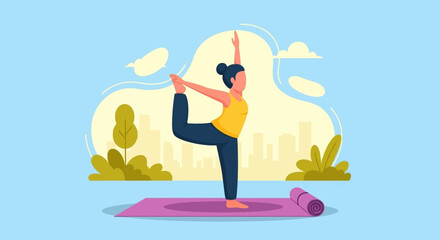 Woman practicing yoga in a serene outdoor setting with a city skyline backdrop, embodying balance, health, and a mindful lifestyle.