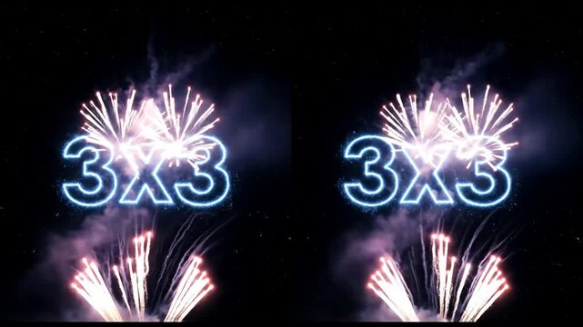 Stereoscopic 3D Fireworks Explode into Glowing 3X3 Text Against the Night Sky