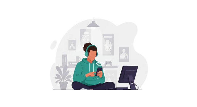A person enjoys music or content on their smartphone with headphones while relaxing at home, representing modern digital lifestyle, leisure, and connectivity.