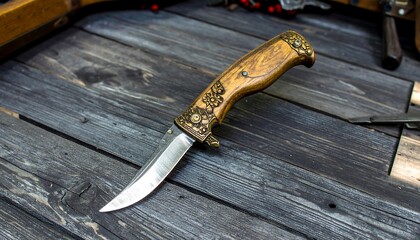 Ornate wooden-handled folding knife rests on a weathered wooden surface.