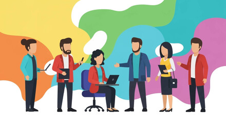 Diverse business team collaborating in a dynamic, colorful environment. Illustrates teamwork, communication, and innovation for modern business or creative concepts.