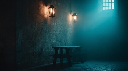 Dimly Lit Vintage Interior with Wooden Bench and Lanterns in Moody Atmosphere