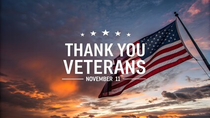 Veterans Day Tribute American Flag Waving at Sunset Sky Honoring Military Veterans November 11