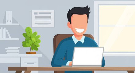 Smiling person works happily at a desk with a laptop in a bright office, symbolizing productivity, remote work, and online education.