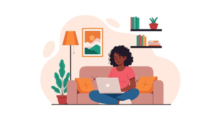 Happy young woman working remotely on laptop from comfortable home couch. Ideal for concepts of online education, digital business, or relaxed lifestyle.