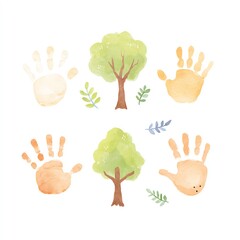 Fototapeta premium Watercolor Handprints and Trees A Delightful Nature-Inspired Design