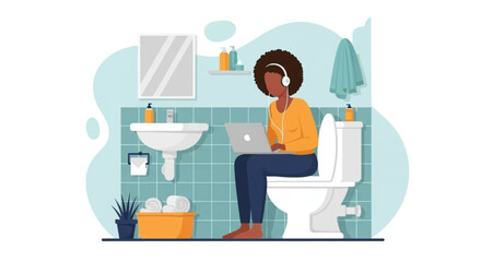 Woman in headphones working on laptop while sitting on a toilet. Concept of remote work, multitasking, and finding quiet space at home.