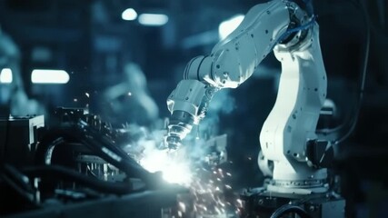 Advanced robotic arm performing welding in modern manufacturing facility with sparks flying, showcasing automation in industry 4k video footage - Powered by Adobe
